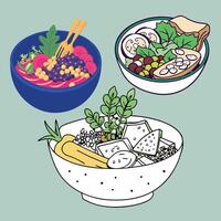 A set of three bowls with different types of food vector