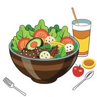 A bowl of salad with a glass of juice and fork vector
