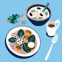 A plate of food with a bowl of soup and a fork vector