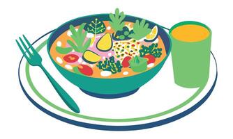 A bowl of food with a glass of juice on a plate vector