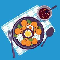 A plate of food with orange slices, eggs and a bowl of sauce vector