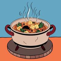 A drawing of a pot of stew with vegetables vector