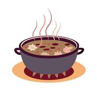A pot of soup with meat and vegetables on top vector