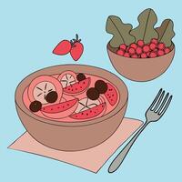A bowl of fruit and a fork next to it vector