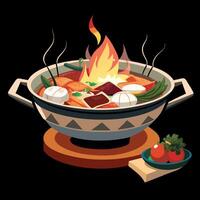 A bowl of food with a fire in it vector