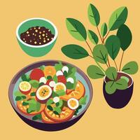 A bowl of salad with eggs, tomatoes and peppers vector