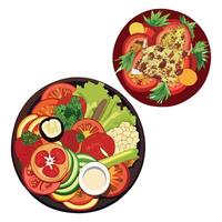 Two plates with different types of food on them vector