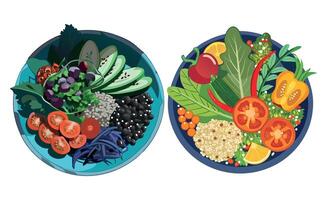 Two plates with different types of vegetables and fruits vector