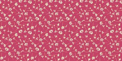 Elegant pattern with tiny flowers and small buds. Abstract artistic floral seamless print on a burgundy background. . hand drawing sketch. Design for fashion, fabric, wallpaper, textiles, vector