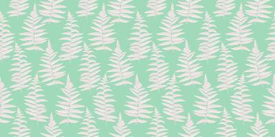 Pastel summer pattern with abstract artistic branches leaves fern. hand drawing. Shapes stylized leaf stems seamless print on a green mint background. Simple ornament for designs, textile vector