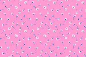 Minimal seamless pattern with scattered randomly tiny flowers and small buds. Abstract artistic wild floral print on a pink background. hand drawing sketch. Design for fashion, fabric vector