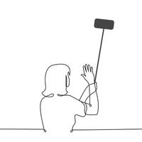 woman standing waving at camera of his phone holding it on selfie stick - one line art . concept vlogger or blogger making content, man communicates via , live broadcast vector