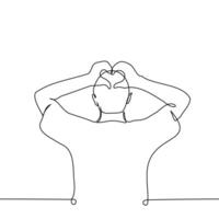 man back view showing heart shape above head with hands, concept of love confession gestures in korean style - one line art . vector