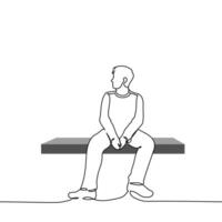 man sitting alone with legs spread wide on bench - one line art . concept loneliness, rest on bench, waiting vector