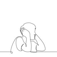 man covering his ears with his hands while sitting at the table - one line art . concept Hyperacusis, Ear pain, unwillingness to hear, ignore vector