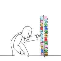 woman choosing postcard on stand - one line art . concept female postcard collector, woman in coat leaning in front of stand with postcards vector