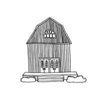 drawing wooden rustic barn with front two doorways with steps in front and bushes - hand drawn line sketch vector