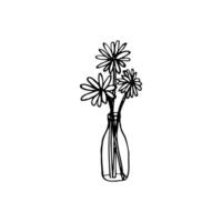 drawing three flowers in a bottle-shaped vase - hand drawn line sketch vector