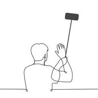 man standing waving at camera of his phone holding it on selfie stick - one line art . concept vlogger or blogger making content, man communicating via link, live broadcast vector