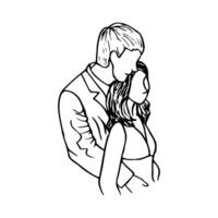couple drawing man hugging woman from back - hand drawn line sketch vector