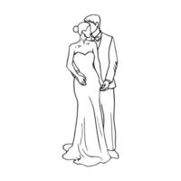drawing of a loving couple standing in full growth, cuddle each other, touching faces and holding hands - hand drawn line sketch vector