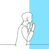 man standing in front of a wall looking through with both palms up - one line art . metaphor obstacles, inaccessible place, impossible dreams,, feeling of isolation, frustration vector