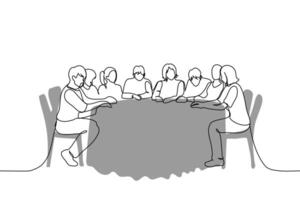 group of people sitting at a large round table - one line art . concept negotiations, board game, waiting for group order in restaurant vector