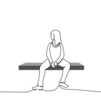 woman sitting alone with legs spread on bench - one line art . concept loneliness, rest on bench, waiting vector