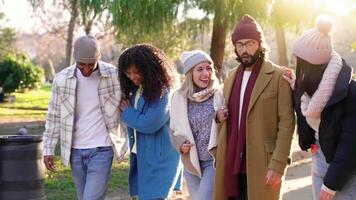 Friends walking and smiling in a park enjoying the fun together in winter clothes. video