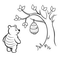 winnie the pooh went into the forest and found a beehive in a tree, illustration line art vector