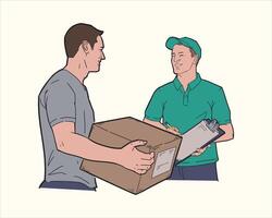 Two men are holding a box and one is holding a clipboard vector