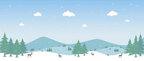 Christmas background, winter forest landscape. For greeting cards, New Year banner with fir trees in the snow, snowy forest and reindeer. vector