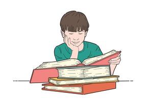 A boy is sitting at a table with a stack of books vector