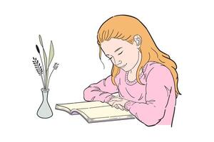 un niña es leyendo un libro y participación un florero vector
