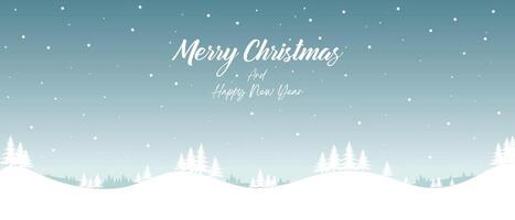 Christmas background, winter forest landscape. With text Merry Christmas and Happy New Year, for greeting card, New Year banner with snowy trees, snow, stars, snowy forest. vector