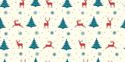 Christmas seamless pattern design, Christmas tree, reindeer and snowflake. happy new year, winter holiday, snowfall. Blue and red color combination. vector