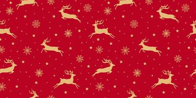 Seamless pattern design, reindeer, stars and snowflakes. Happy new year, Christmas, winter holiday, snowfall, on the red background. vector