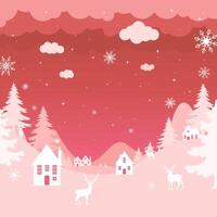 A pink background with snowflakes and trees vector