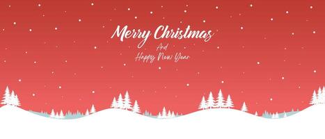 Red Christmas background, winter forest landscape. With text Merry Christmas and Happy New Year, for greeting card, New Year banner with snowy trees, snow, stars, snowy forest. vector