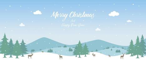 Christmas background, winter forest landscape. With text Merry Christmas and Happy New Year, for greeting cards, New Year banner with fir trees in the snow, snowy forest and reindeer. vector