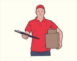 A man in a red shirt holding a box and a clipboard vector