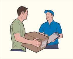 Two men are holding a box and one is holding a clipboard vector