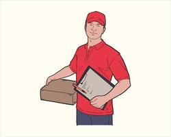 A man in a red shirt holding a box and clipboard vector