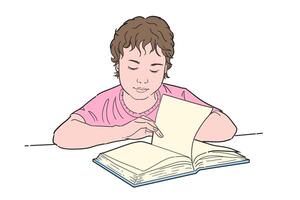 A boy reading a book with his hands on the pages vector