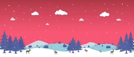 Red Christmas background, winter forest landscape. For greeting cards, New Year banner with fir trees in the snow, snowy forest and reindeer. vector
