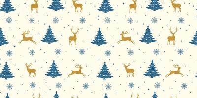 Christmas seamless pattern design, Christmas tree, reindeer and snowflake. happy new year, winter holiday, snowfall. Blue and gold color combination. vector