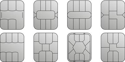 EMV chip silver icons. Set line nfc symbol. Contactless payment at terminals and ATMs. Square computer microchips for credit debit cards. vector