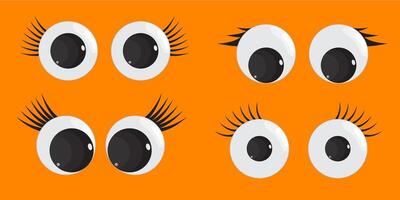 A set of plastic toy eyes. Glossy, bulging, puppet eyes. Cute, round, , isolated elements. Look down, up, left, right. Different, shaking, silly, hilarious pairs of eyeballs. vector