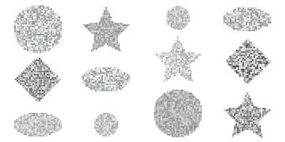 Pixelated monochrome censorship bars in diverse shapes such as circles, stars, and ovals. Suitable for concealing sensitive content in creative projects, web design, and visual media. vector