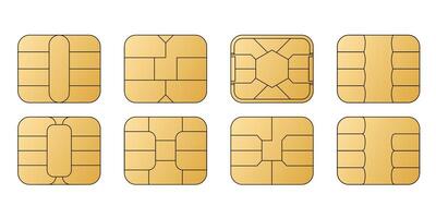 EMV chip golden icons. Square computer microchips for credit debit cards. Contactless payment at terminals and ATMs. Set line nfc symbol. vector